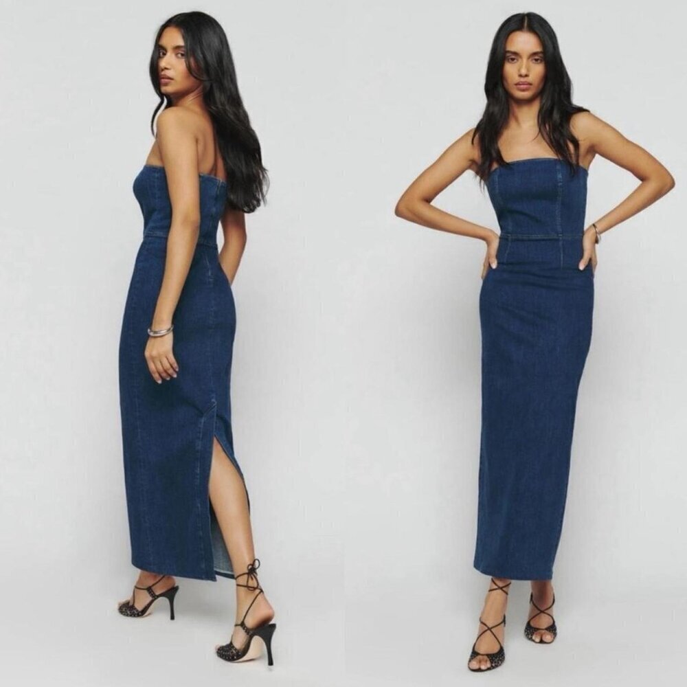 NWT Reformation Jeans Eugenia Denim Strapless Midi Dress Simcoe Blue Women's 2